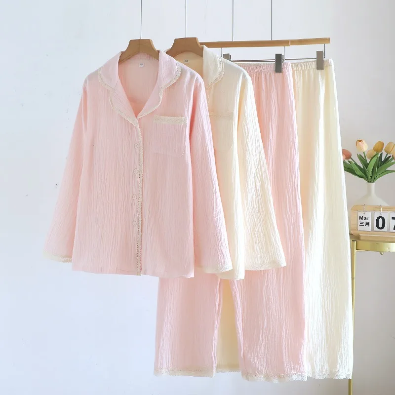 

Women's Crinkle Cotton Pajama Set, Lightweight Spring/Summer Long Sleeve Button-Up & Pants, Lace Trim, Solid Pastel Colors