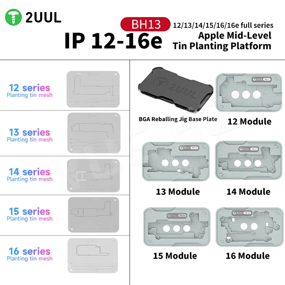 2UUL BH13 5 in 1 Logic Boards BGA Reballing Platform For iPhone 12~16 Pro Max Motherboard Middle Frame Tin Template Solder Kit