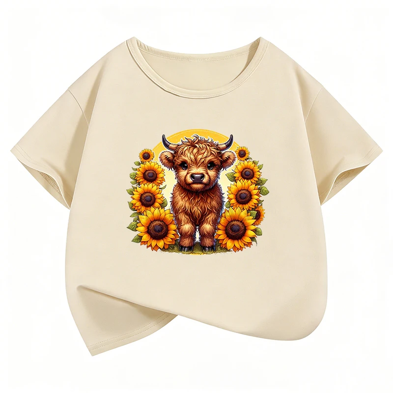 Fashion Cow with Flower Design T-Shirt Printed T Shirt Girls' Summer Clothes Short Sleeve Tops T-Shirts Cute Boys Clothing