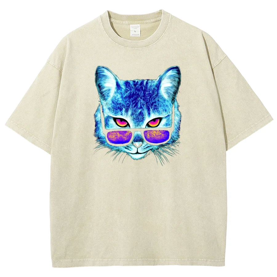 Camiseta de manga solta lavada feminina, blusa casual verão, óculos escuros, estampa de gato, design neutro, azul