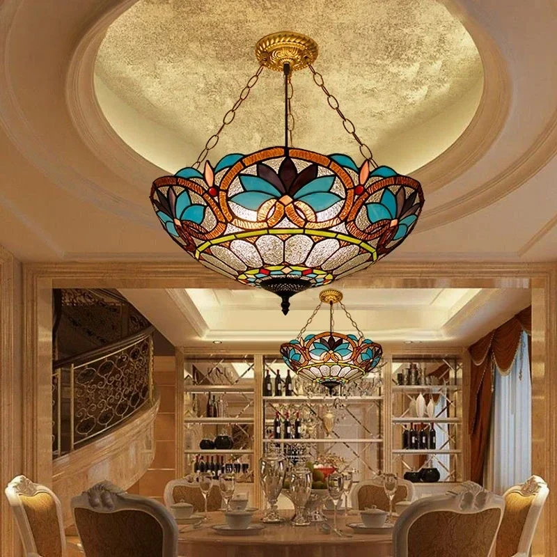 

Mediterranean Stained Glass LED Pendant Lights Vintage Restaurant Hotel Living Room Kitchen Art Decoration Hanging Lamp Fixtures