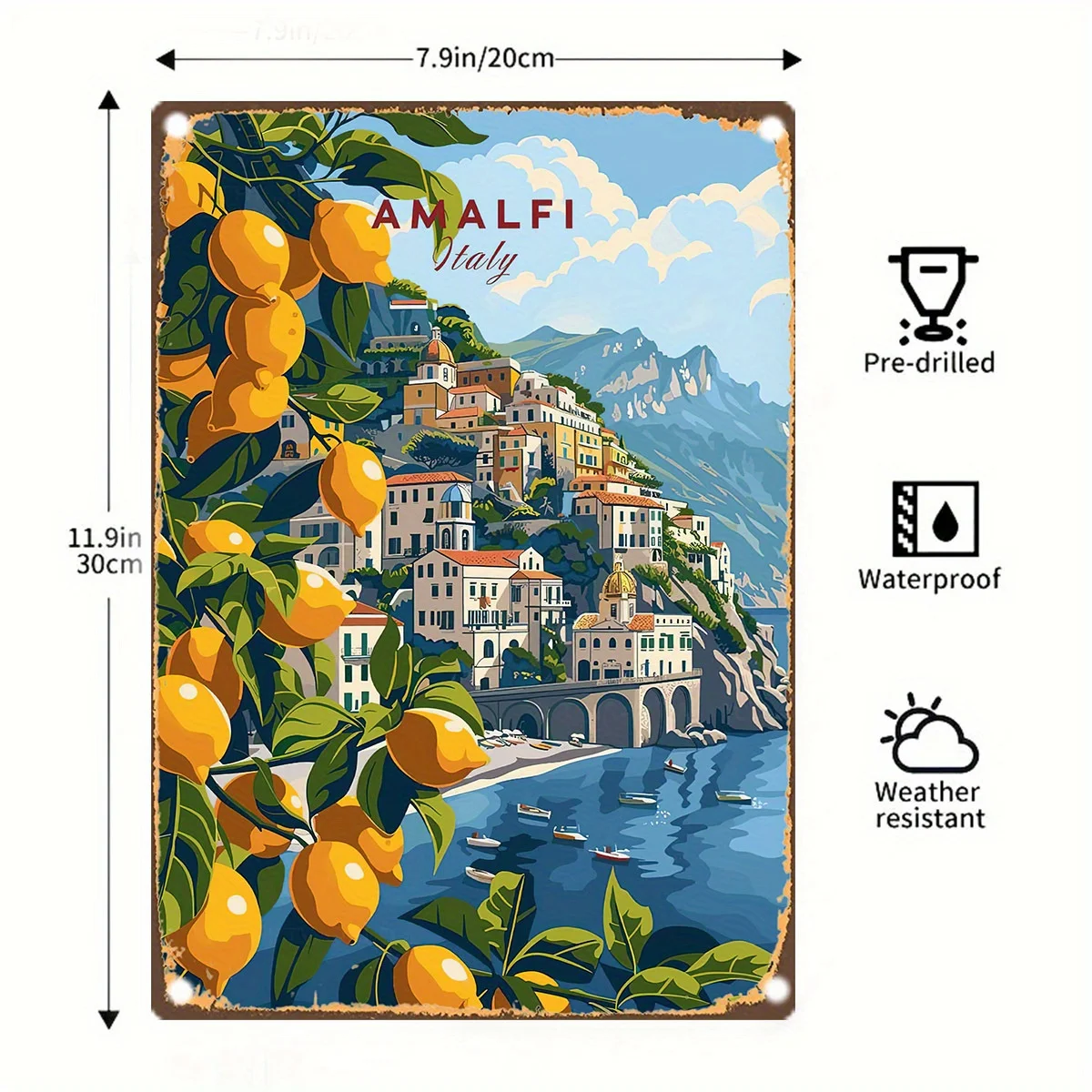 Room Decor Amalfi Vintage Metal Tin Sign Set, Dual Pack Decorative Iron Wall Art for Home, Garden, Bar, and Office, Pre-drilled,