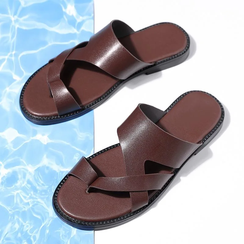 Trendy Men's Cross Strap Sandals Smooth Anti-Slip Wear-Resistant Summer Outdoor Business Casual Slip-On Slippers-HX25333