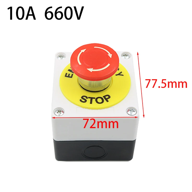 Industrial Emergency Stop Switch Mushroom Head Button , NO NC Contact, AC660V 10A, Plastic Enclosure with Single Hole Moun