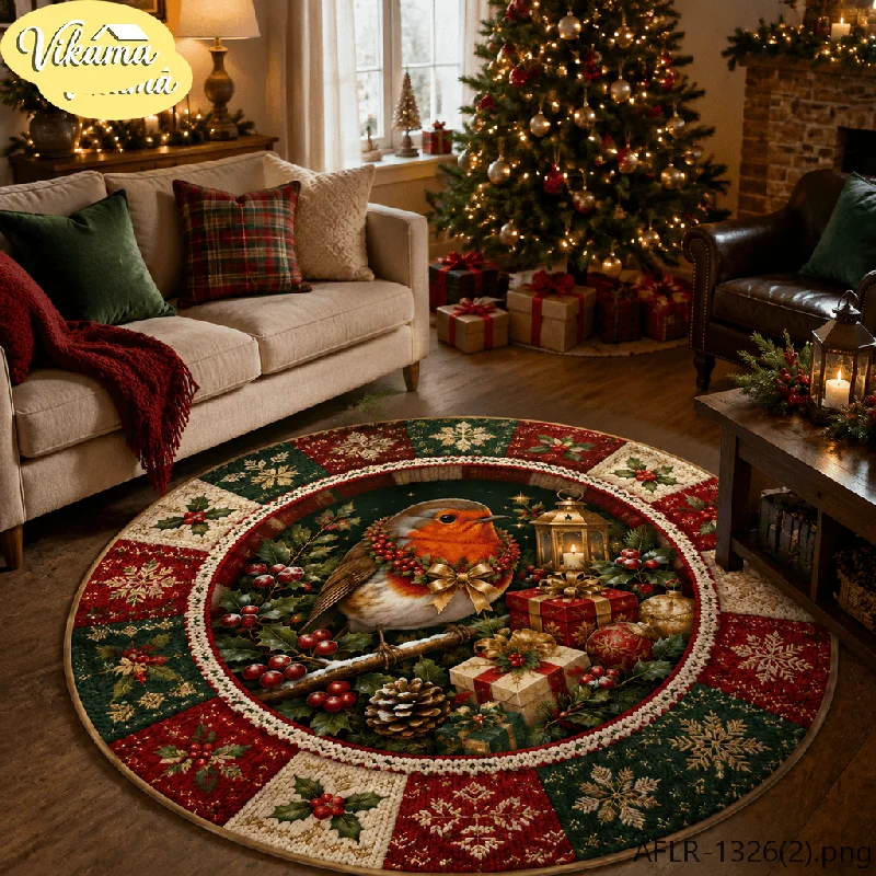 VIKAMA Round Christmas Rug Robin Pinecone Holly Bells Print, Soft Plush Flannel Non-Slip Mat for Bedroom Home Holiday Decor