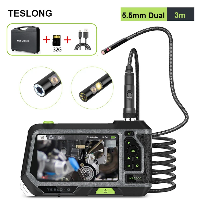 Teslong Nts500 5.5Mm Dubbele Lens 1080P Endoscoop Ip67 Inspectiecamera Borescope Voor Reparatie Van De Pijpleiding Van De Automotorcontrole