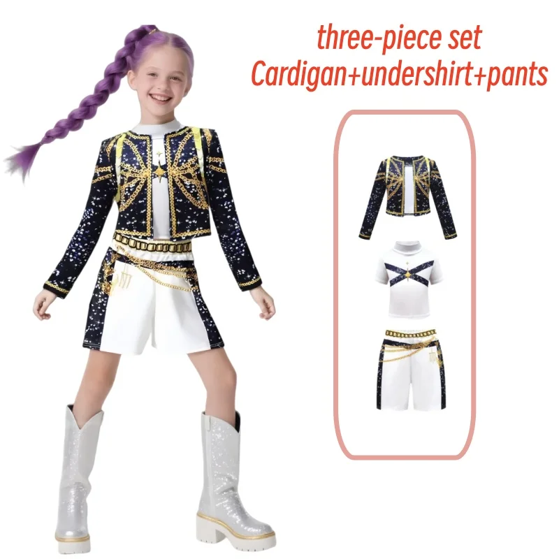 زي Zoey Rumi Mira للمسرح للأطفال، زي تنكري للفتيات باللون الأسود لحفلات الهالوين، مجموعة ملابس تنكرية مطبوعة #5