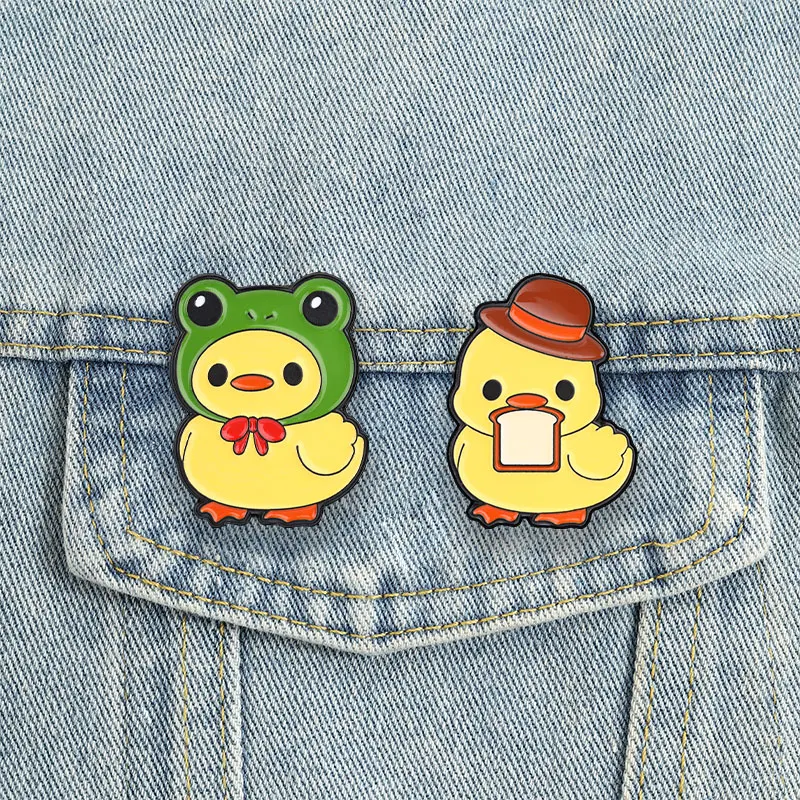 Cute Yellow Duck Enamel Pins Frog Hat Bow Tie Gentleman Duckling Brooches Kiddie Badge Animal Jewelry Gift for Friends