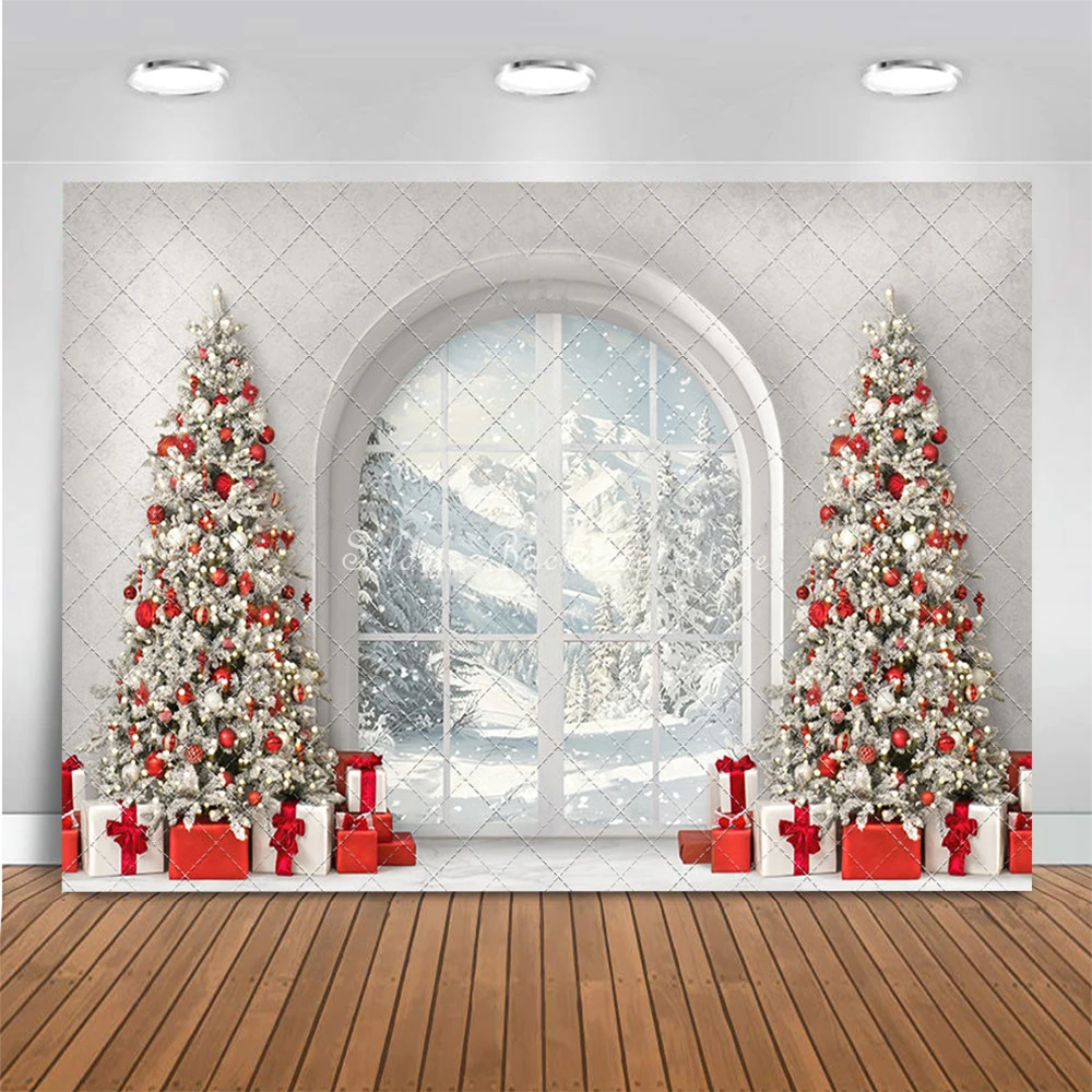 Elegant Christmas Morning Photography Backdrop Snow Mountain Photo Background Xmas Tree Kids Family Portrait Photo Studio Props