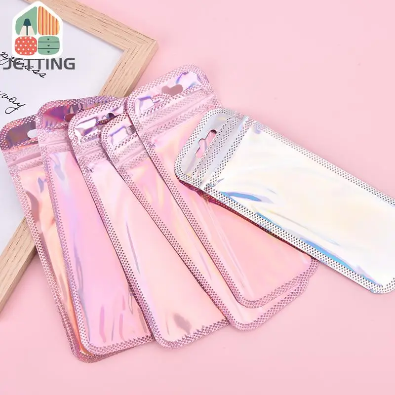 50Packs 4 Styles Resealable Holographic Bags Cute Eyelash Packaging Bags For Lip Gloss Lash Foil Small Ziplock Bags