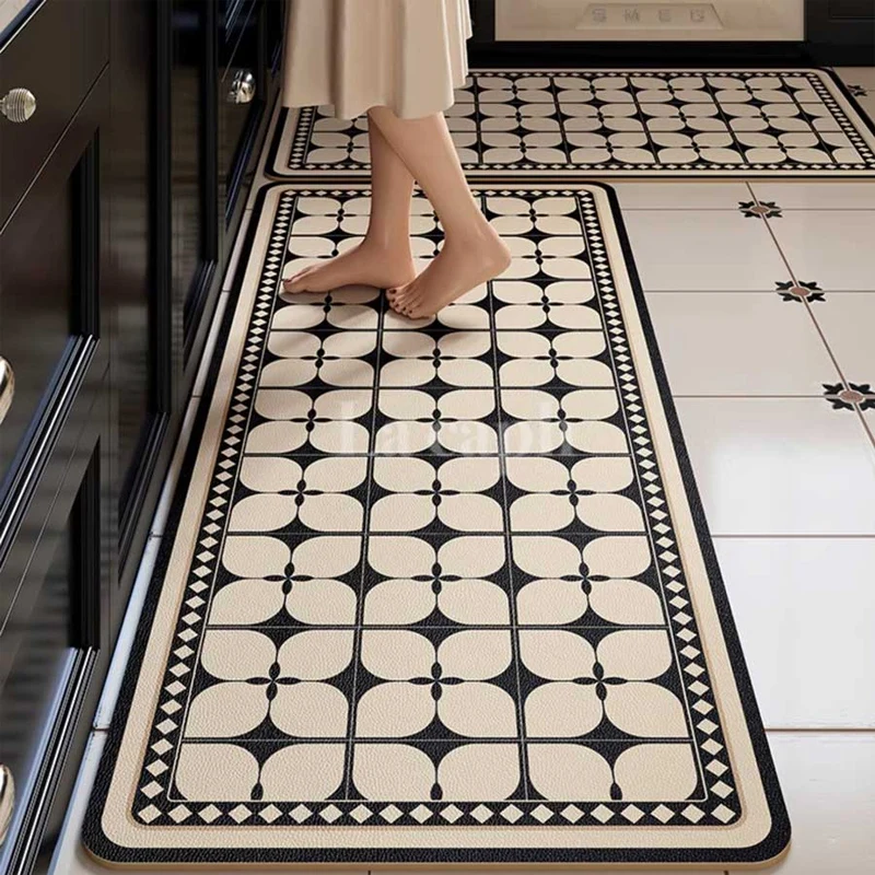 Kitchen Floor Mat Black White Diamond Grid Pattern Pvc Leather Non-slip Carpet Waterproof Oil-proof Large Area Home Decor Rug
