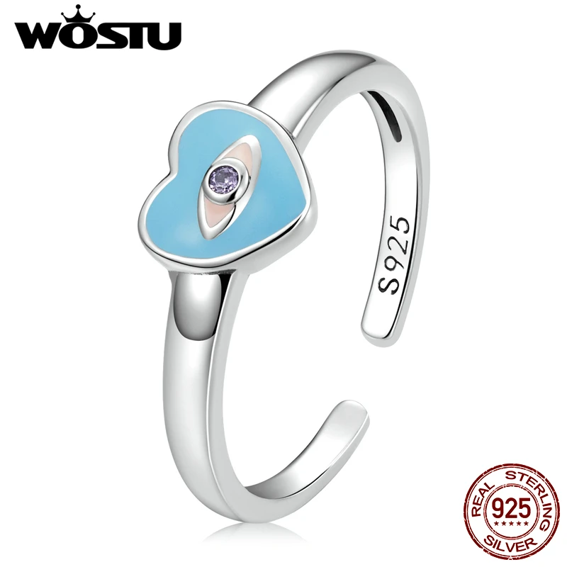 WOSTU Real 925 Sterling Sliver Blue Love Heart Demon Eye Rings For Women Female Original Jewelry CQR806