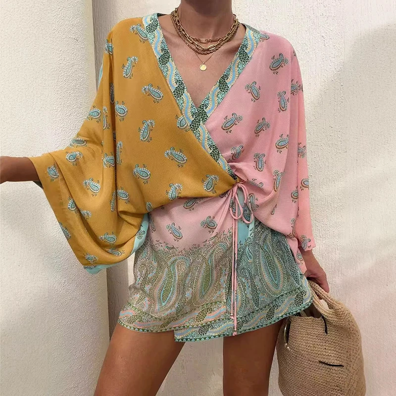 Women Fashion Pattern Print Mini Party Dress Elegant Deep V-neck Cover Up Robe Dress Casual Lantern Sleeve Lace-Up A-Line Dress