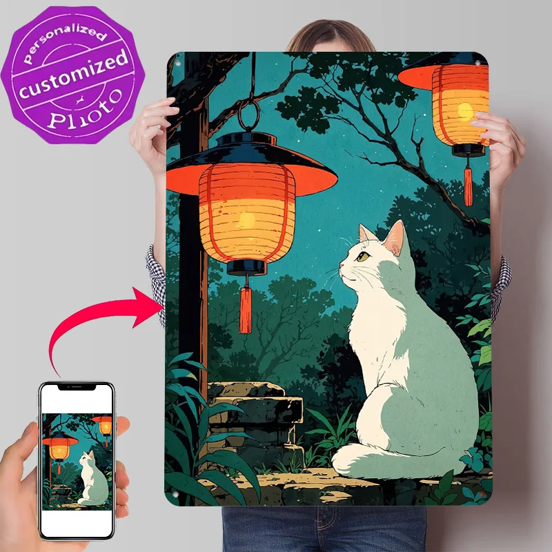 Cat Japanese Lanterns Poster Retro 3D Printed Metal Signs Customized Wall Hanging Gift for Article Decoration Gaming Home Decor