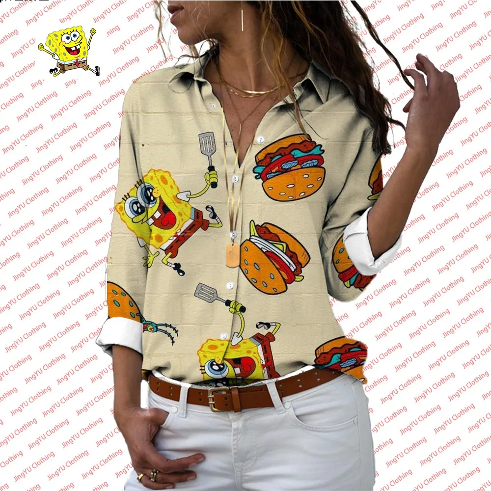 Dames Revers Overhemd Met Lange Mouwen Spongebob Cartoon Overhemd Met Lange Mouwen Lente En Zomer Comfortabel Casual Shirt