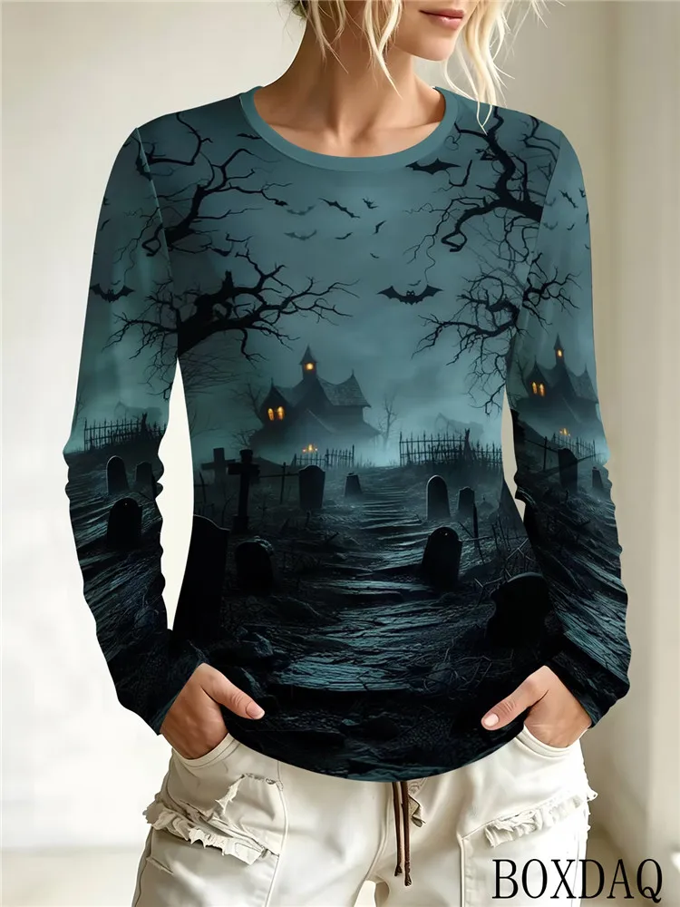 Halloween Women's long sleeved T-shirt Gothic style horror theme 3D Printed T-Shirt Autumn New Casual Tops For Women Clothing