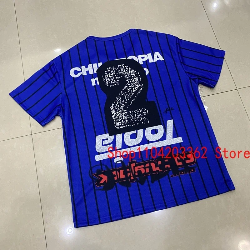 Classic Blue Black Striped Cactus Jack Jersey Short Sleeve Real Photo Retro Do Old Print Tops Rapper UTOPIA Tour T-shirt Men's