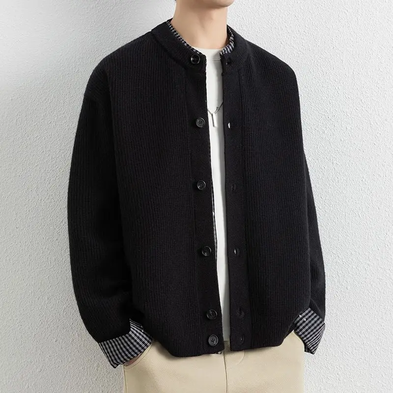 

High-End Knitted Open Cardigan Jaet Men's Casual Splicing Simple Loose Spring Autumn Sweater Coat PU Material Regular Thi...