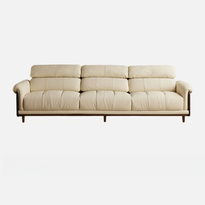 North American black walnut sofa, solid wood cream style, household living room leather three-person sofa