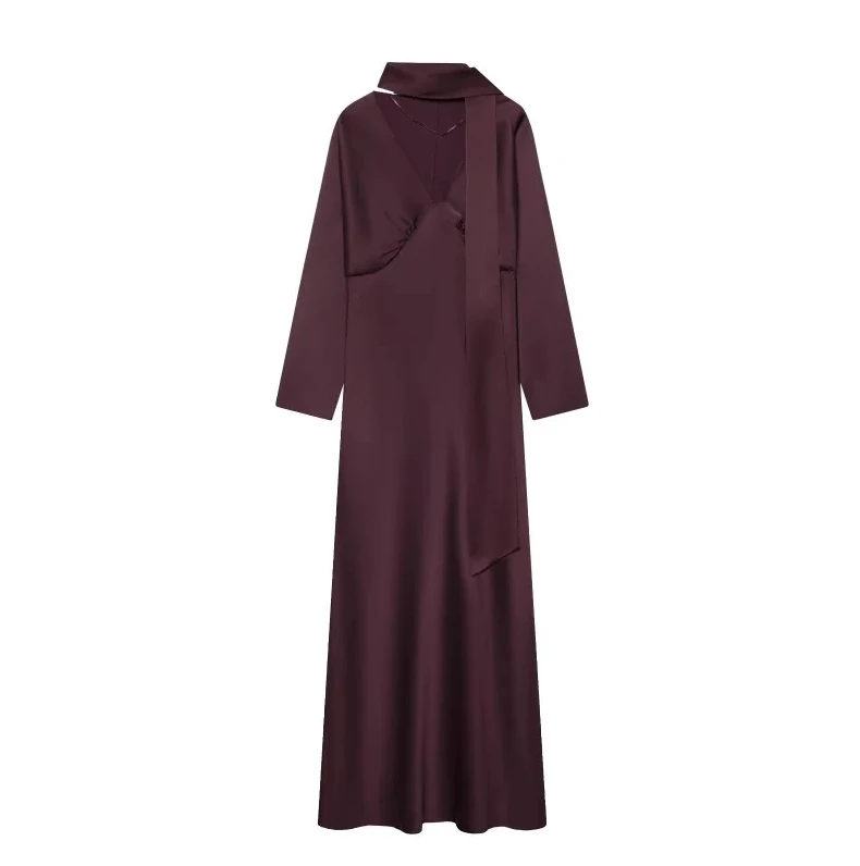 Elegantes Frühlings-Langkleid aus Satin für Damen – langärmliges Kleid mit V-Ausschnitt und Schalverzierung, sexy glänzendes Partykleid