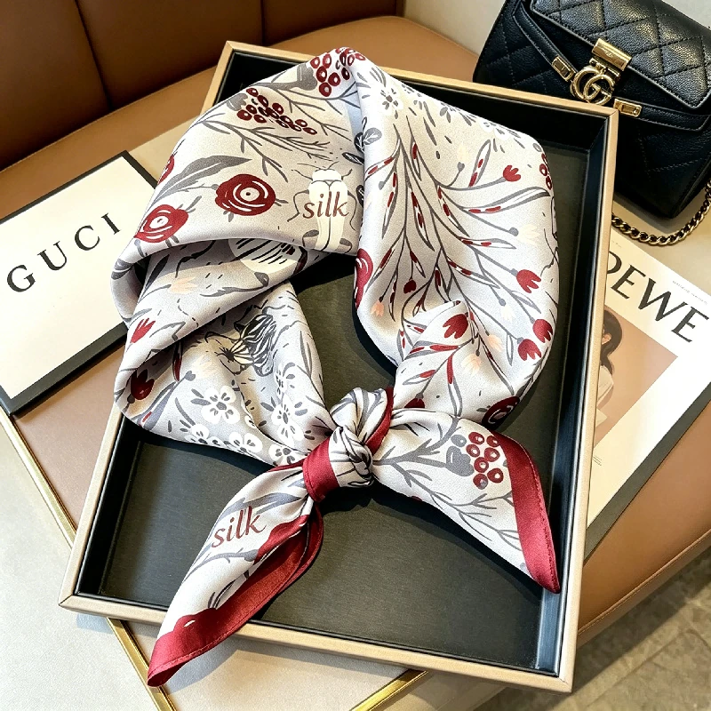 Gifts Korean Version Three-dimensional Flower Mulberry Silk Sunscreen Temperament Decorative Embellished Scarf 53cm Square Scarf