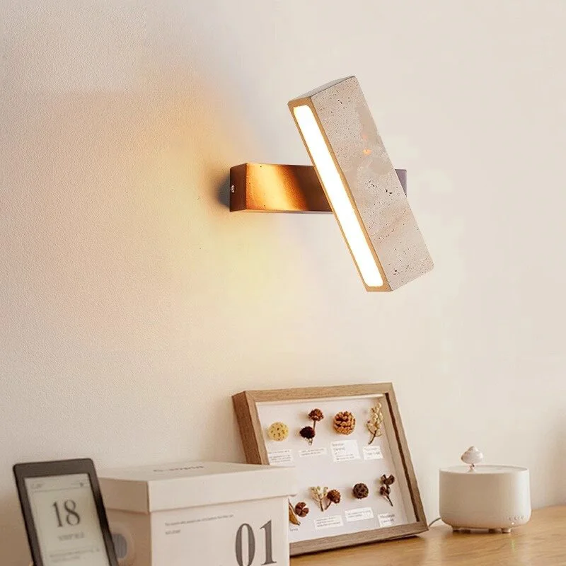 

Japanese Wabi Sabi Travertine Wall Lamp Pull Chain Rotating LED Wood for Bedside Corridor Foyer Apartment Decor