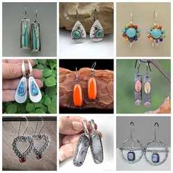 Fashion Boho Retro Orange Oval Stone Earrings for Women Vintage Ethnic Silver Color Long Drop Jewelry Female Friendship Gift