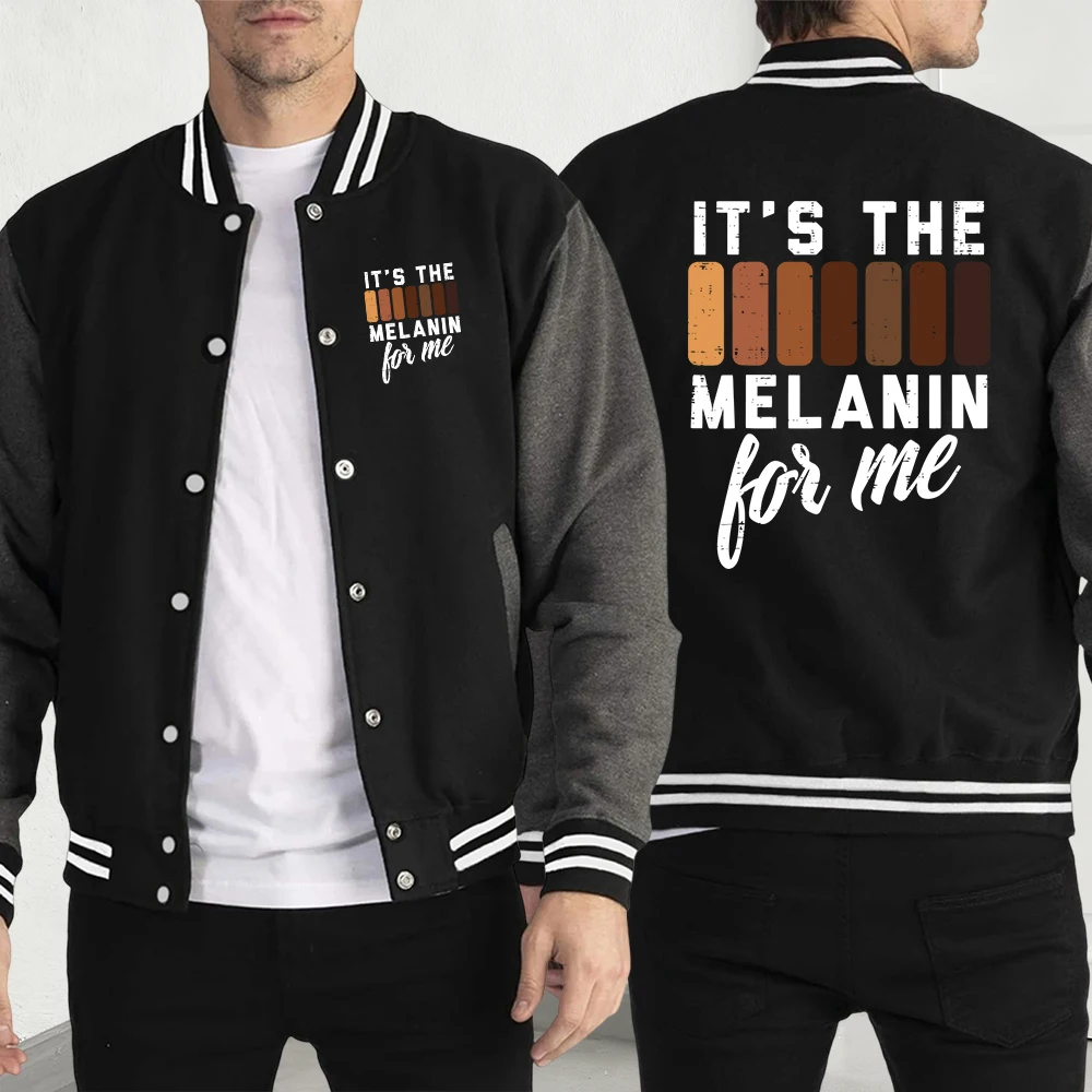 

It'S The Melanin For Me Print Men Baseball Jersey Fashion Pocket Y2K Menswear Hip Hop Loose Coat Jacket Casual Fleece Clothes