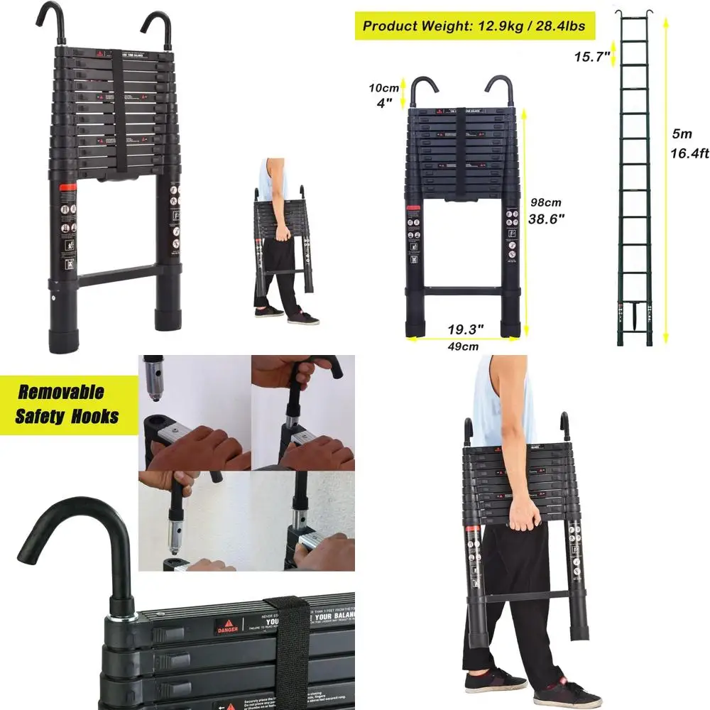 Scala telescopica in alluminio 16,4FT pieghevole, portatile, scala di estensione multiuso per casa, loft, progetti fai da te per ufficio, nero,
