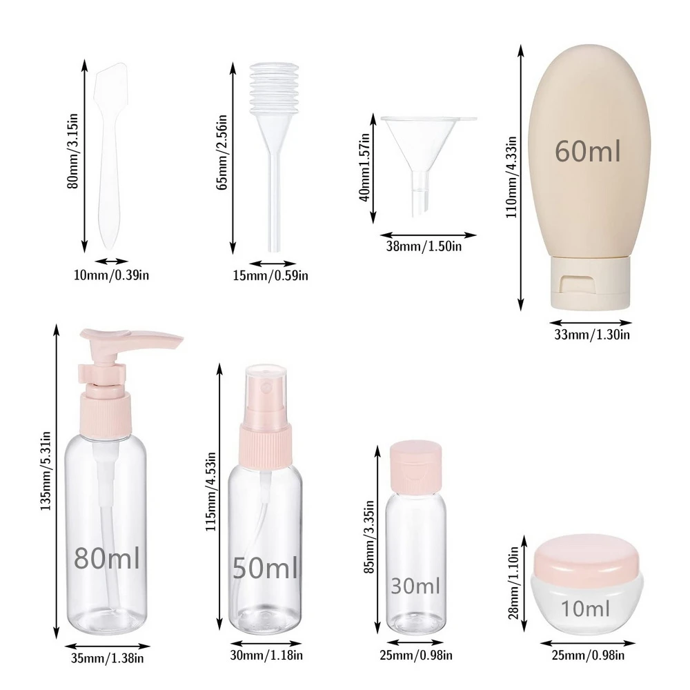 8Pc Travel Bottle Set for Toiletry, Empty Refillable Spray Squeeze Shampoo Soap Cream Conditioner Lotion Body Wash Container Kit