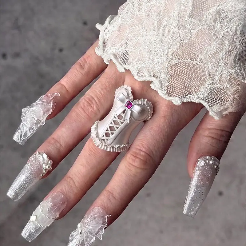 3D Stereo White Princess Dress Ring Vintage Lace Corset Waist Skirt Finger Rings Statement Jewelry Birthday Party Gift For Girls