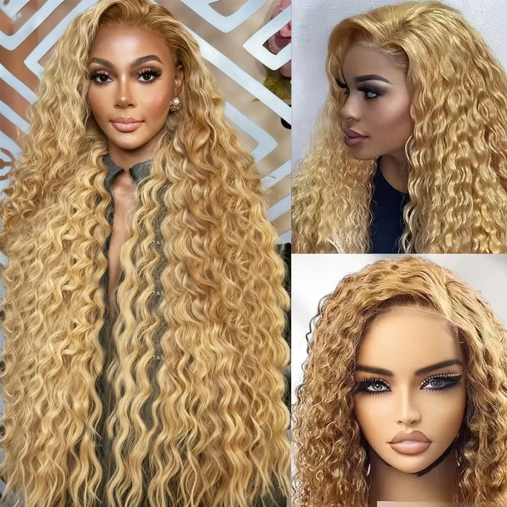 

Выделите глубокие волнистые парики фронта шнурка 26 32 дюйма медовый блондин HD 13x6 прозрачные фронтальные парики плотность 220 # 27 Вьющийся парик из человеческих волос