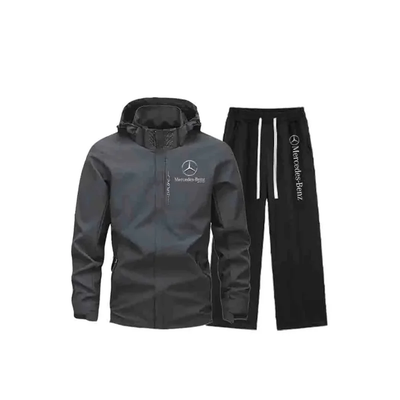 

Mercedes-benz Men's Casual Polyester Windbreaker set: hooded, full zipper front pocket with zipper, windproof and dry