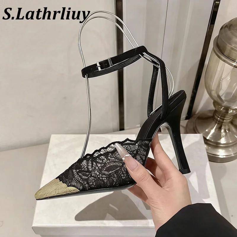 New High Heeled Sandals Women's Sexy Color Blocked Lace Shallow Mouth Pointed Toe Sandaials Summer Party Banquet Shoes Pumps