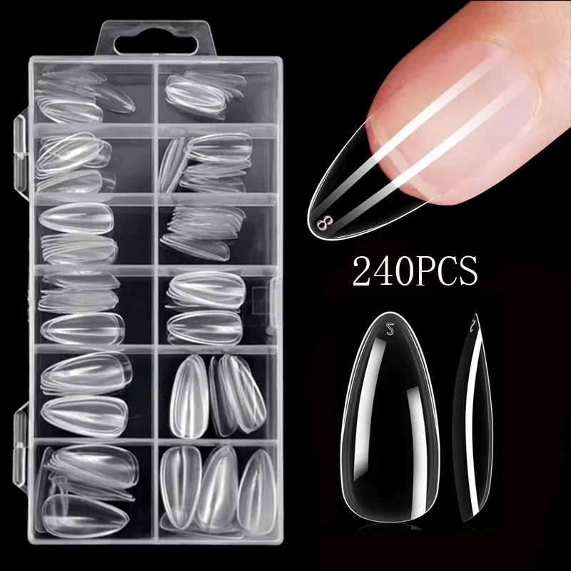 240 Transparent Nail Stickers, Including Coffin-Shaped, Almond-Shaped, Pointed, Oval, Square, and Other Shapes, 12 Different Sizes of Full Coverage Acrylic Press-On Nails, Suitable for Home DIY Nail Art and Nail Salons