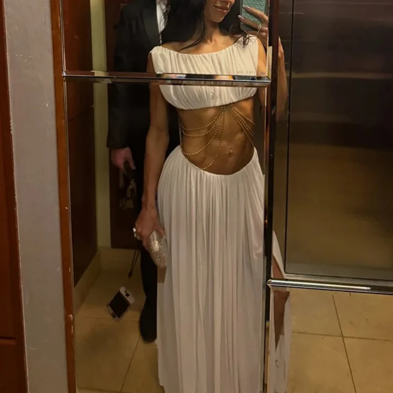 

See Through Mesh Pearls Chain Club Party 2 Piece Set Women O Neck Sleeveless Tank Crop Tops + Split Maxi Skirts Vacation Suits