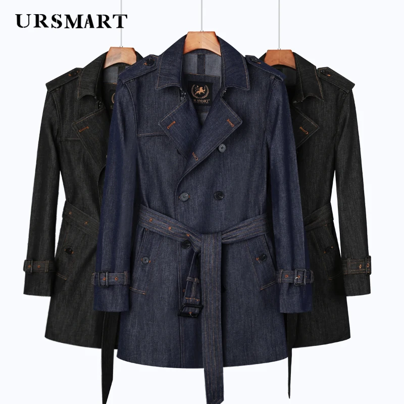 2024men's  denim windbreaker classic medium long double breasted fadeless thickened warmth British fashion black trench coat men