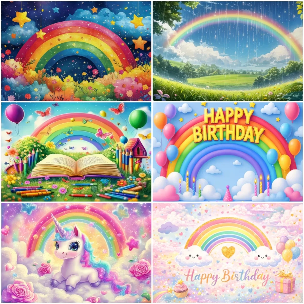 Bunte Regenbogen-Themen-Geburtstagsparty-Dekoration, Hintergrund mit verträumtem Einhorn, Babyparty-Banner, Foto-Requisiten, Kinderzubehör