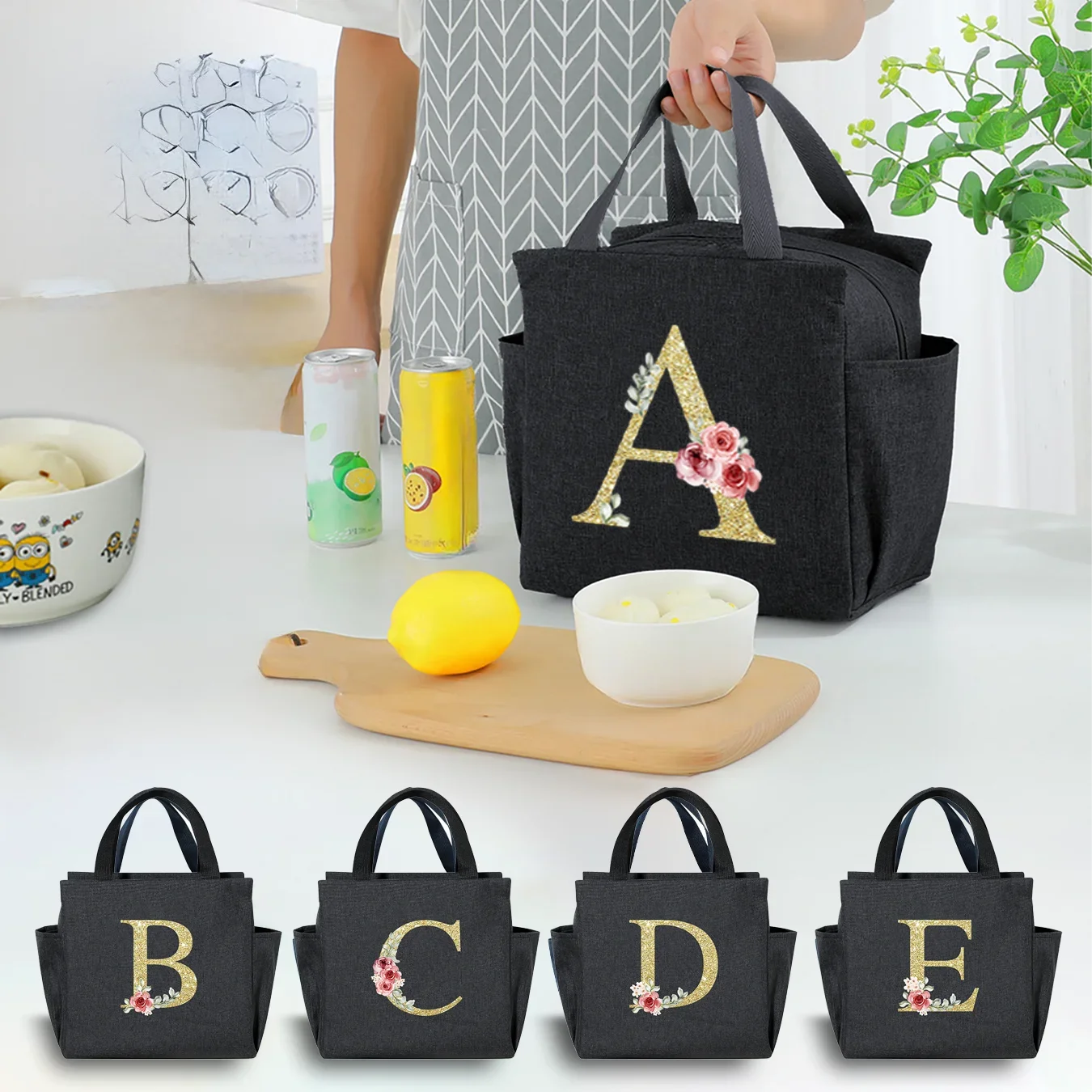 A ~ N bolsa de almuerzo de nailon con letras impresas, bolsa de aislamiento impermeable con cremallera, bolsa de hielo adecuada para hombres y mujeres, Picnic de trabajo, Viajes