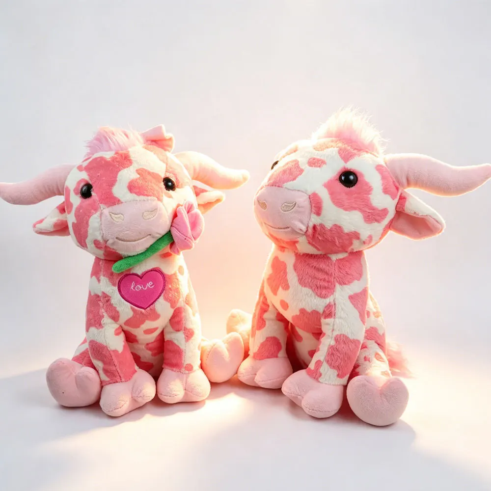 Pink Cow Plush Toy Stuffed Animal Pink Spotted Cattle Doll Soft Farm Animal Plushie Cute Birthday Gift Valentine Home Decoration