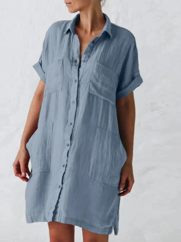

2024 Summer Fashion New Retro Women's Dress Fashion Short Holiday Style Beach Cotton Hemp Irregular Pocket Shirt Skirt