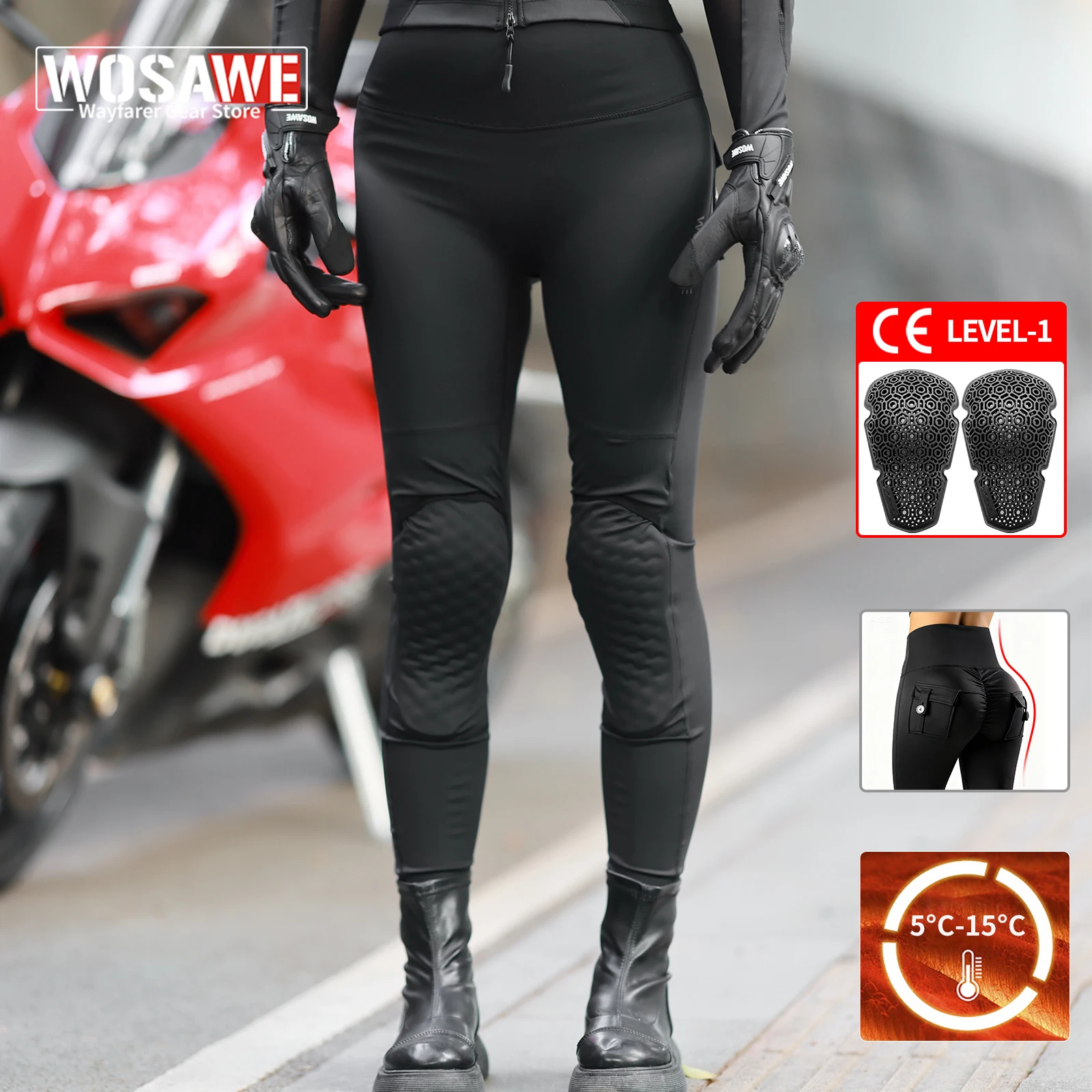 

WOSAWE женские теплые мотоциклетные брюки с высокой талией, медовые персиковые светоотражающие леггинсы для езды на мотоцикле с сертифицированными CE наколенниками