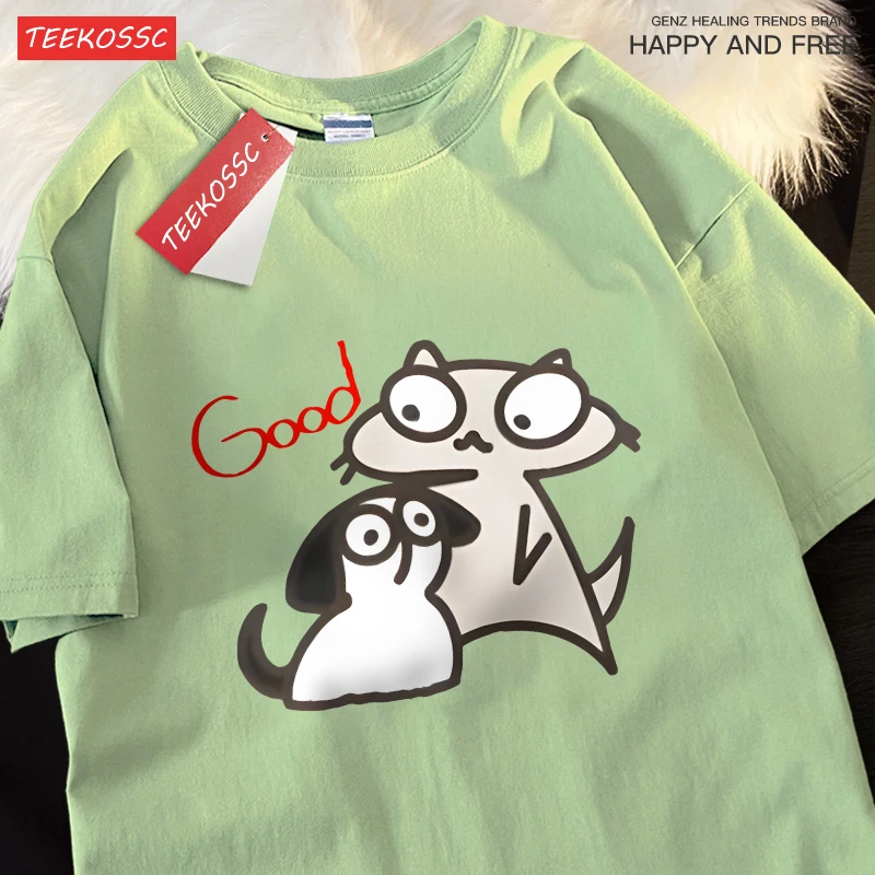 Gutes Cartoon-T-Shirt mit Hunde- und Katzenmotiv, für Herren, lässig, O-Ausschnitt, kurze Ärmel, Baumwolle, Sommerkleidung, modische, lockere T-Shirts