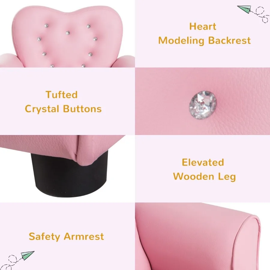 Qaba Pink Princess Toddler Sofa Chair Tufted Upholstered with Diamond Decor Luxury Couch for
