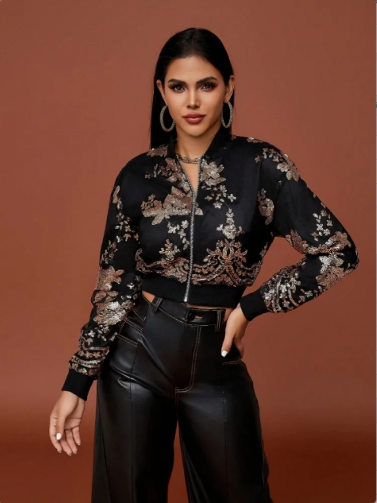 D&M Hot selling 2024 NEW Women Chic Sequin Embellished Short Jacket Casual Round Neck Long Sleeved Autumn Lady Elegant Coats