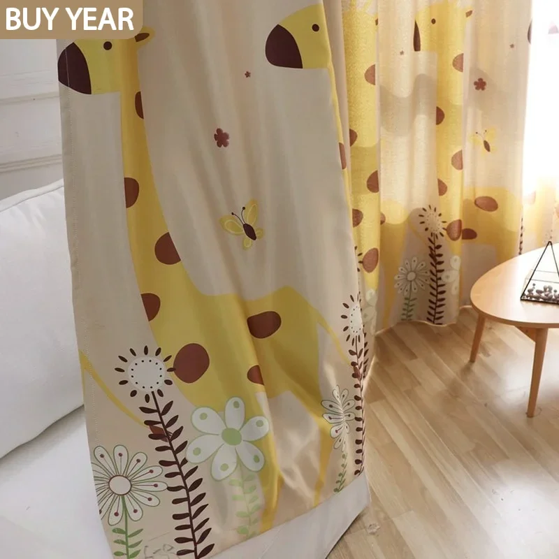 

New Curtains for Living Dining Room Bedroom European Children's Single-sided Blackout Curtains Cartoon Giraffe Printed Screens