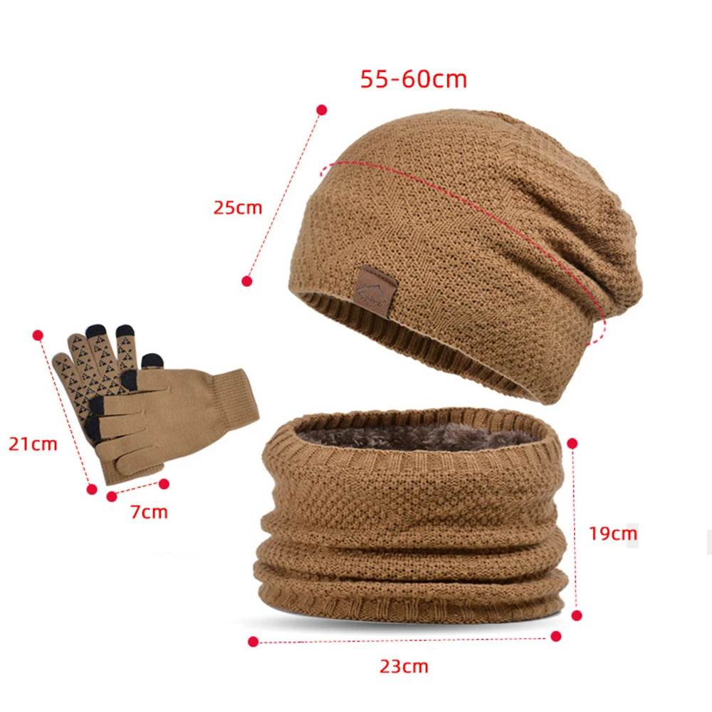 3-in-1 Men\'s Warm Hat Scarf Gloves Set Women Winter Touchscreen Gloves Men Outdoor Windproof Warm Neck Scarf Knitted Beanie Caps