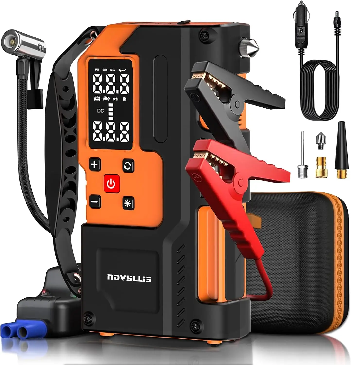 

Пусковое устройство 4000А с воздушным компрессором, внешний аккумулятор 10000 мАч, светодиодный фонарь SOS, насос для подкачки шин 150PSI