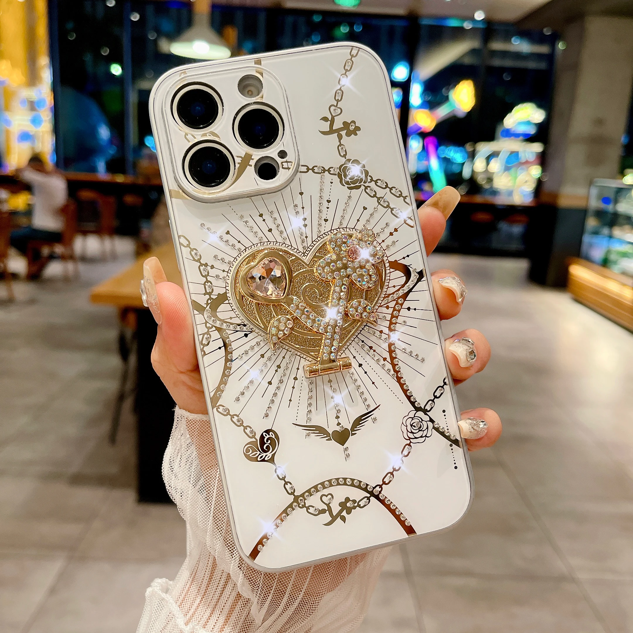 

Luxury Shiny Glitter Rhinestone Love Phone Case for iPhone 16 15 Plus 13 14 Pro Max Holder Crystal Chain Strap Cover Charms