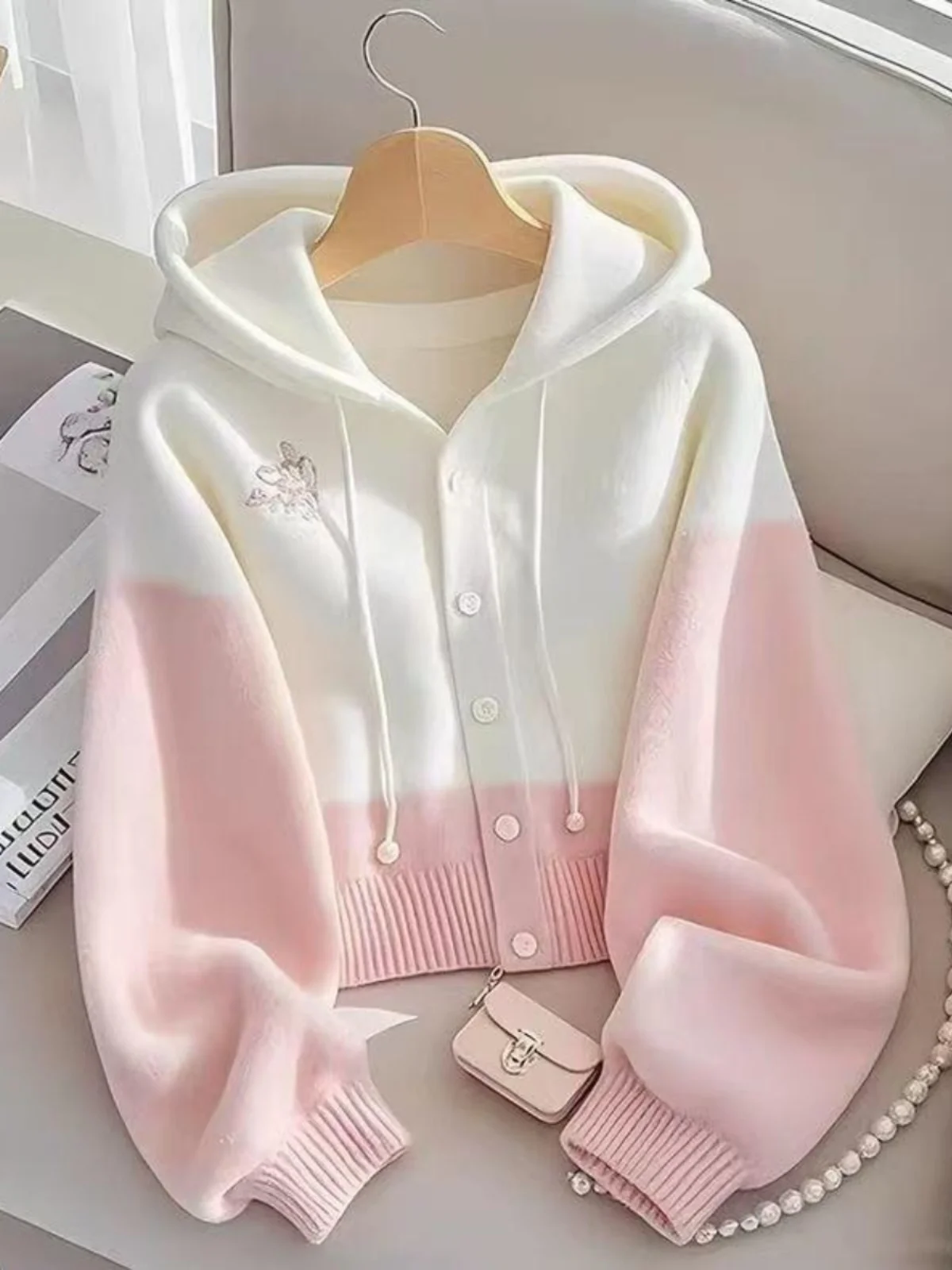 

Вязаный свитер большого размера с капюшоном, свободного кроя, женский, с цветными блоками, очень милый, розово-белый, осенне-зимний дизайн